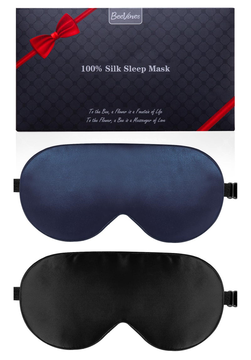 BeeVines 100% Real Mulberry Silk 2 Pack Sleep Mask, Pure Silk Eye Masks with Adjustable Strap for Sleeping, 100% Block Light Eye Sleep Shade Cover, Reduces Puffy Eyes Traveling Gifts(Black & Blue) - Image 1
