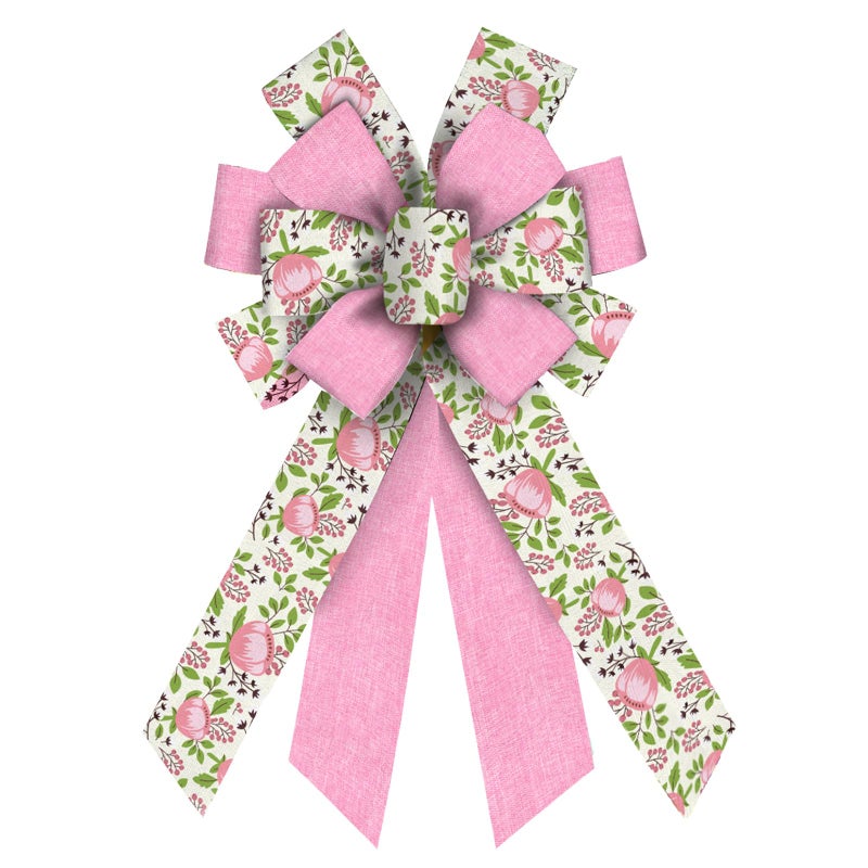 ABTOLS Large Pink Flower Wreath Bows - Idyllic Burlap Ornament for Spring Indoor/Outdoor Decor - Image 1