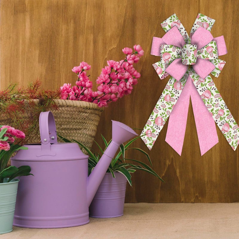 ABTOLS Large Pink Flower Wreath Bows - Idyllic Burlap Ornament for Spring Indoor/Outdoor Decor - Image 5