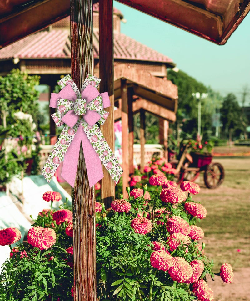 ABTOLS Large Pink Flower Wreath Bows - Idyllic Burlap Ornament for Spring Indoor/Outdoor Decor - Image 4