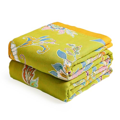 VANJOROY Boho Throw Blanket 80 x 90 100 Organic Cotton Breathable Ultra Soft Bed Quilt Throw All Season Luxury Floral Farmhouse Decor Blanket for Sofa Couch Chair and Gift GreenBlue - Image 1