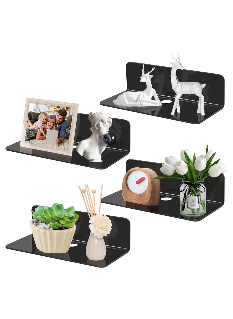 TPGP Set of 4 Wall Shelves No Drilling Black 23 cm Shelf No Drilling Acrylic Bathroom Shelf Floating Shelf with Cable Hole Wall Boards Shelf Floating Shelf for Gluing for Bathroom Office Living Room  - Image 1