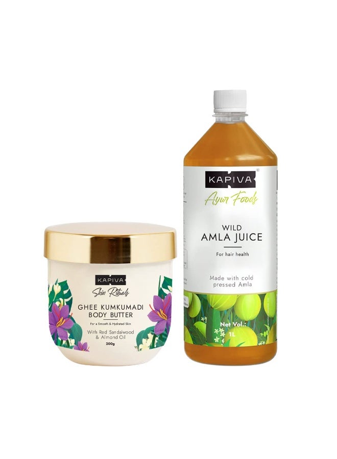 Kapiva Kumkumadi Ghee Body Butter 200 gms + Kapiva Wild Amla Juice 1 ltr - Image 1