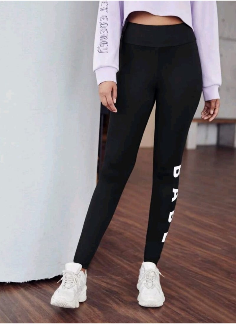 Shein - SHEIN EZwear Letter Graphic Elastic Waist Leggings Black - Image 1