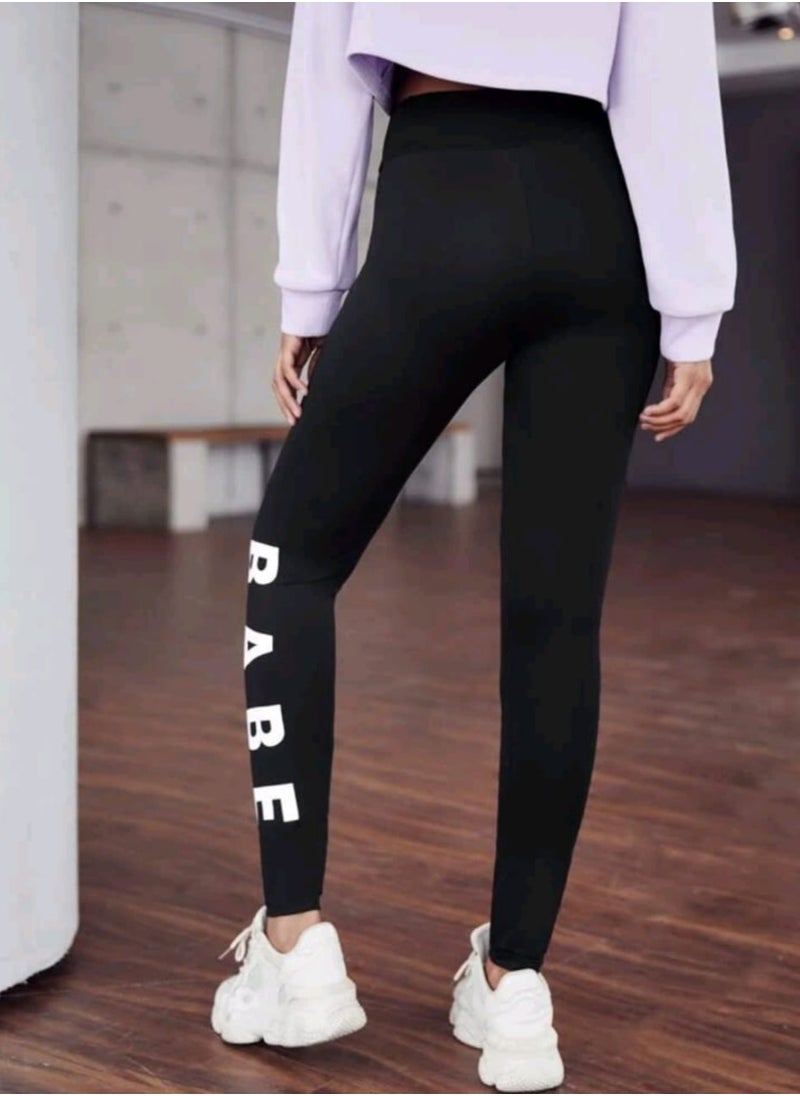 Shein - SHEIN EZwear Letter Graphic Elastic Waist Leggings Black - Image 1