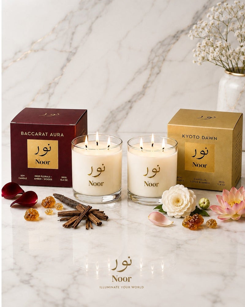 Noor Fragrances Luxury Candle Gift Set (2 Pieces) – Baccarat Aura & Kyoto Dawn – Premium Scented Candles 380g - Image 2