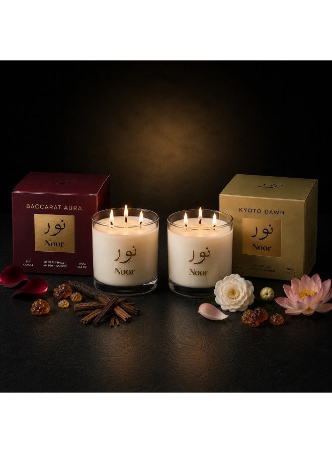Noor Fragrances Luxury Candle Gift Set (2 Pieces) – Baccarat Aura & Kyoto Dawn – Premium Scented Candles 380g - Image 1