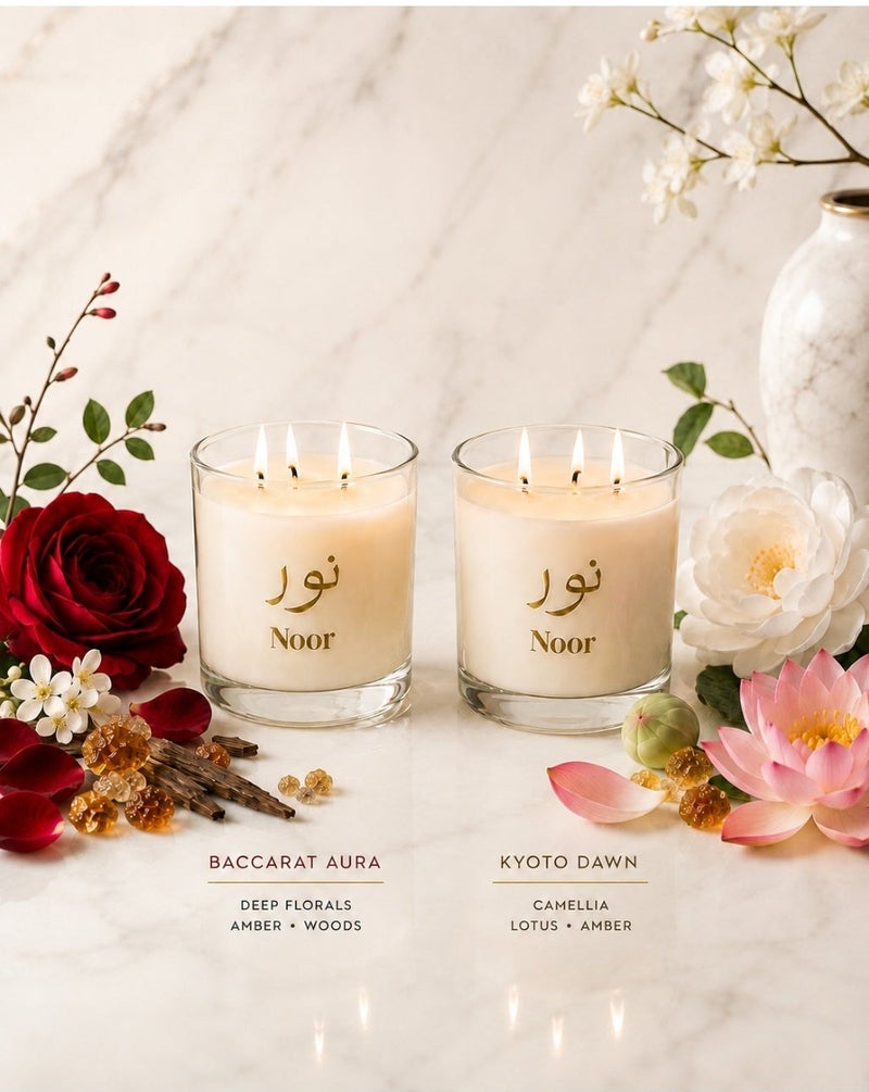 Noor Fragrances Luxury Candle Gift Set (2 Pieces) – Baccarat Aura & Kyoto Dawn – Premium Scented Candles 380g - Image 3
