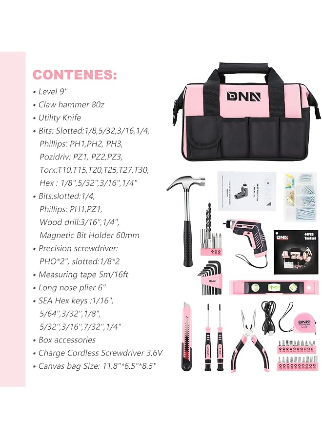 erorex 44 Piece Pink Tool Set Cordless Screwdriver And Household Tool Kit With Canvas Storage Bag For Diy Home Repairing Gift For Women Girls Ladies Tools 00205 - Image 2