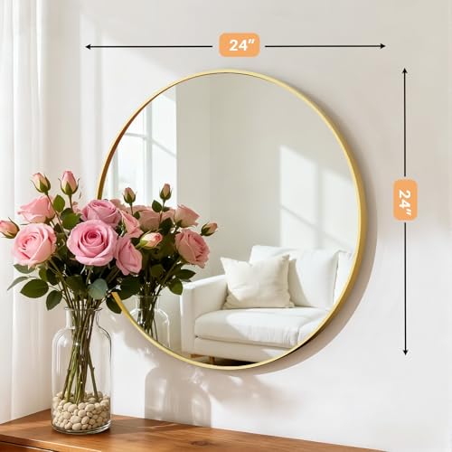 Atilioo Bathroom Mirror for Wall, 24 Inch Round Mirror, Matte Gold Metal Framed Circle Vanity Mirror for Bathroom Bedroom Living Room Entryway, Anti-Rust, Tempered Glass, Hanging or Leaning - Image 3