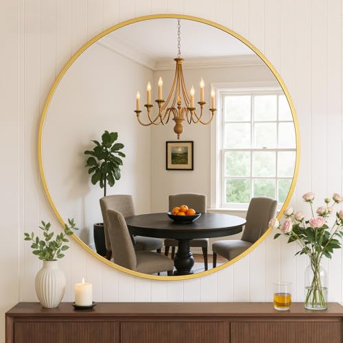 Atilioo Bathroom Mirror for Wall, 24 Inch Round Mirror, Matte Gold Metal Framed Circle Vanity Mirror for Bathroom Bedroom Living Room Entryway, Anti-Rust, Tempered Glass, Hanging or Leaning - Image 1