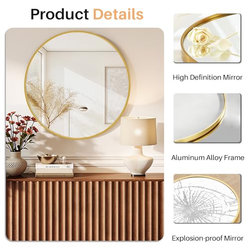 Atilioo Bathroom Mirror for Wall, 24 Inch Round Mirror, Matte Gold Metal Framed Circle Vanity Mirror for Bathroom Bedroom Living Room Entryway, Anti-Rust, Tempered Glass, Hanging or Leaning - Image 4