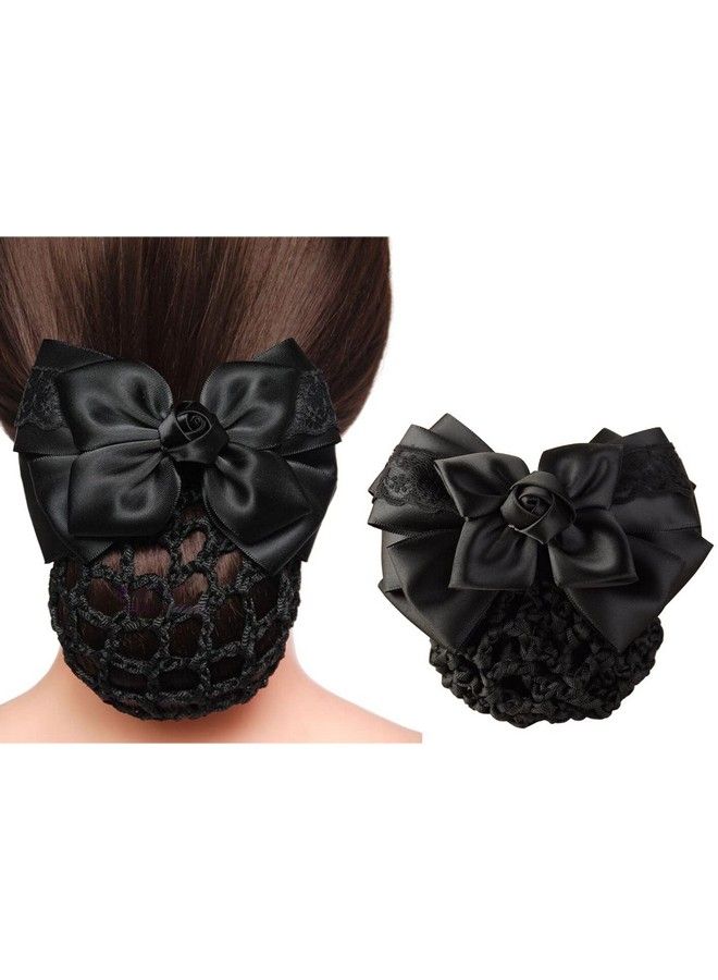 Elandy مشبك شعر نسائي مزين بعقدة قوس ساتان لتغطية الكعكة وشبكة الشعر مشابك شعر فرنسية مزينة بشريط زهور إكسسوارات شعر لمضيفات الطيران والفنادق والمطاعم (أسود) - Image 1