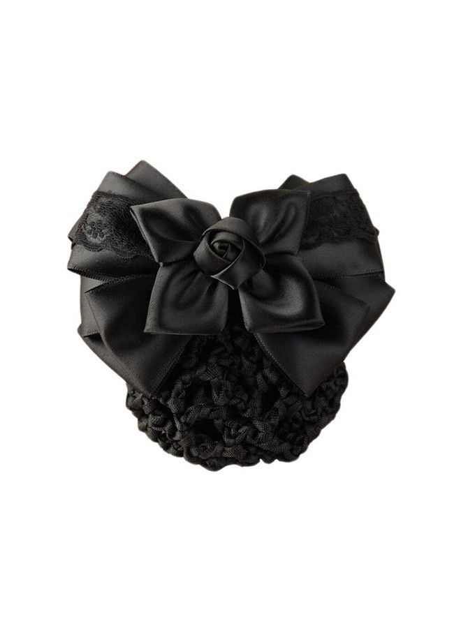 Elandy مشبك شعر نسائي مزين بعقدة قوس ساتان لتغطية الكعكة وشبكة الشعر مشابك شعر فرنسية مزينة بشريط زهور إكسسوارات شعر لمضيفات الطيران والفنادق والمطاعم (أسود) - Image 4