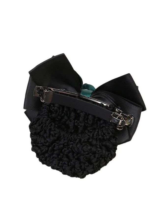 Elandy مشبك شعر نسائي مزين بعقدة قوس ساتان لتغطية الكعكة وشبكة الشعر مشابك شعر فرنسية مزينة بشريط زهور إكسسوارات شعر لمضيفات الطيران والفنادق والمطاعم (أسود) - Image 5