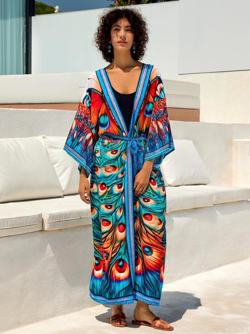 IMAGEKOPE Women’s Kimono Cover Up Long Beach Dress Swimsuit Cover Ups Colorful Cardigan Lightweight Robe for Swimwear - Image 3