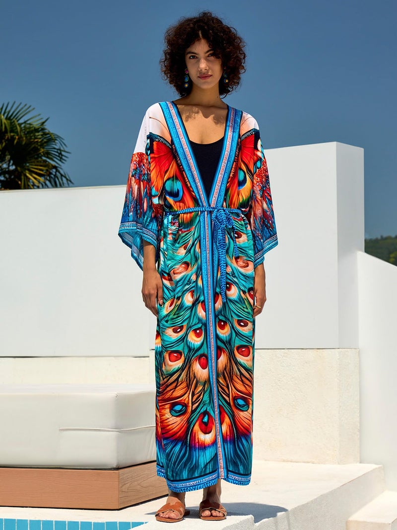 IMAGEKOPE Women’s Kimono Cover Up Long Beach Dress Swimsuit Cover Ups Colorful Cardigan Lightweight Robe for Swimwear - Image 4