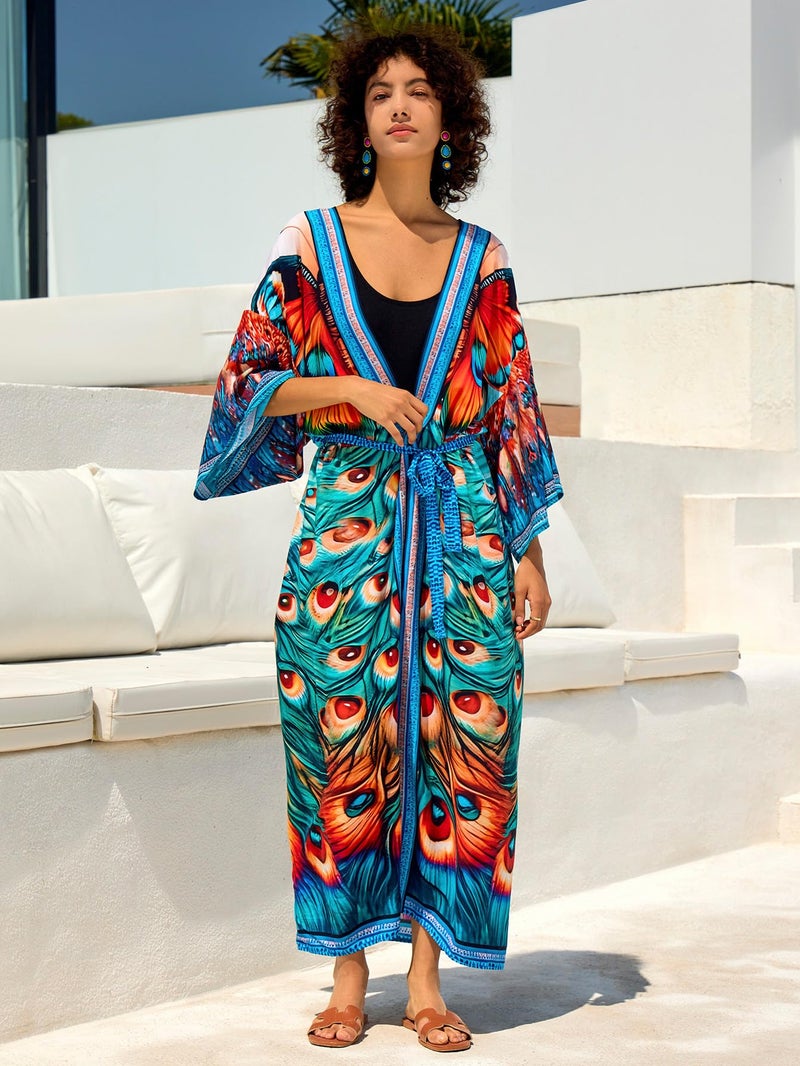 IMAGEKOPE Women’s Kimono Cover Up Long Beach Dress Swimsuit Cover Ups Colorful Cardigan Lightweight Robe for Swimwear - Image 2