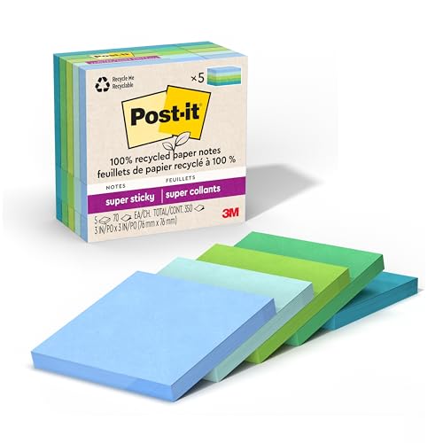 Post It Post-it 100% Recycled Paper Super Sticky Notes, 2X The Sticking Power, 3x3 in, 5 Pads, 70 Sheets/Pad, Oasis Collection (654R-5SST) - Image 1