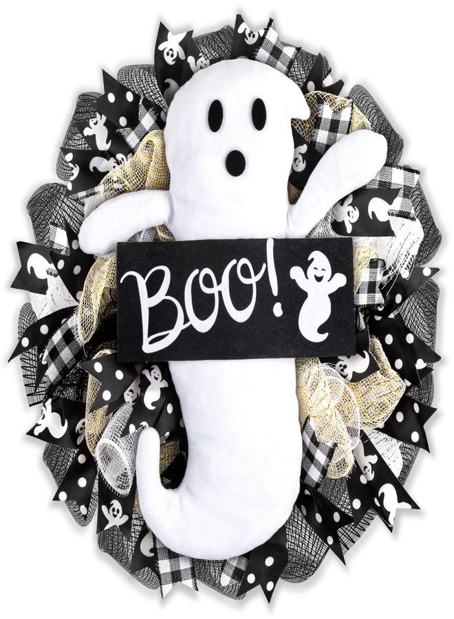 Demonwer 16 Inch Halloween Ghost Wreath Burlap Wreath with Ghost Doll Artificial Hanging Garland for Halloween Decorations Indoor Outdoor Party Supplies - Image 1