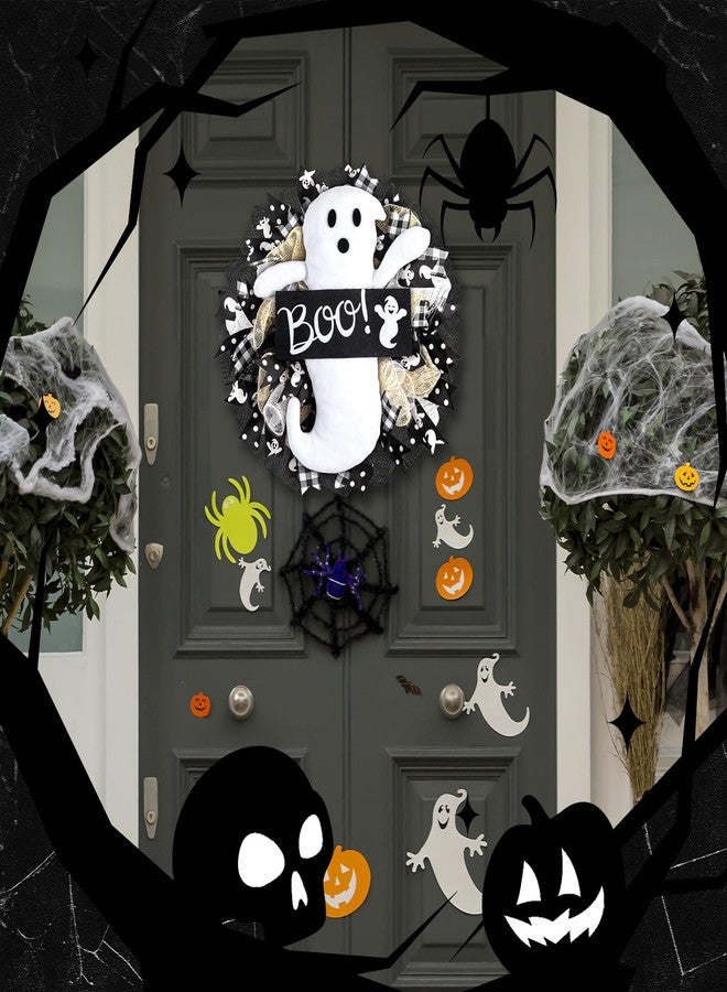Demonwer 16 Inch Halloween Ghost Wreath Burlap Wreath with Ghost Doll Artificial Hanging Garland for Halloween Decorations Indoor Outdoor Party Supplies - Image 5
