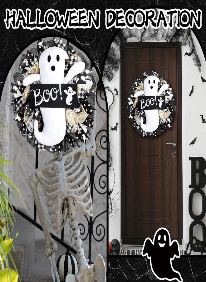 Demonwer 16 Inch Halloween Ghost Wreath Burlap Wreath with Ghost Doll Artificial Hanging Garland for Halloween Decorations Indoor Outdoor Party Supplies - Image 4