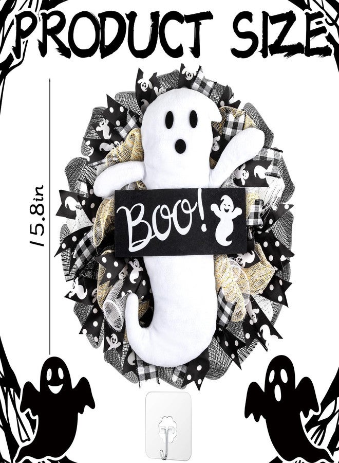 Demonwer 16 Inch Halloween Ghost Wreath Burlap Wreath with Ghost Doll Artificial Hanging Garland for Halloween Decorations Indoor Outdoor Party Supplies - Image 2