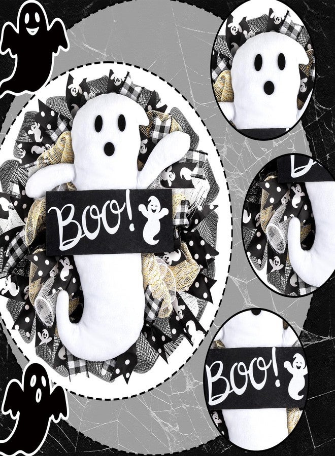 Demonwer 16 Inch Halloween Ghost Wreath Burlap Wreath with Ghost Doll Artificial Hanging Garland for Halloween Decorations Indoor Outdoor Party Supplies - Image 3