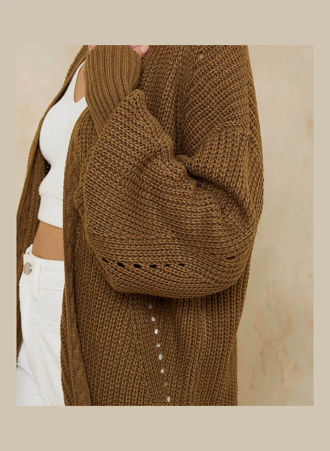 Styli Midi Length Textured Cardigan with Volume Sleeves