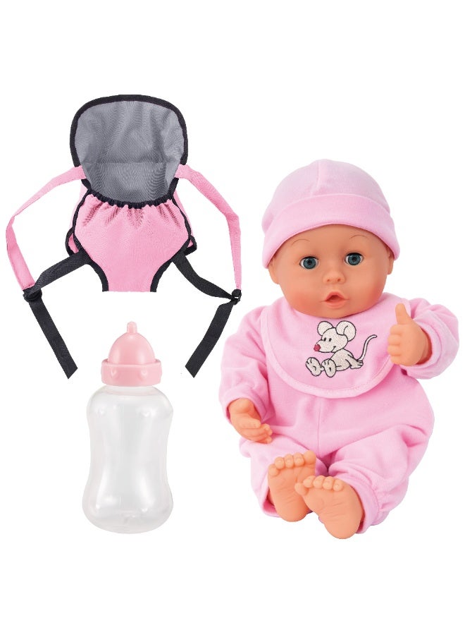 Bayer Design 93300AF My First Baby 13 inch Baby Doll, Set with Toddler, Dolls Carrier and Bottle, Interactive with Sounds, pink with mouse design - Image 1