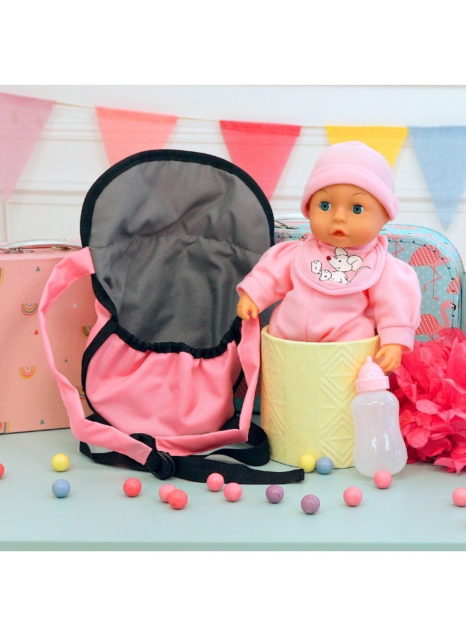 Bayer Design 93300AF My First Baby 13 inch Baby Doll, Set with Toddler, Dolls Carrier and Bottle, Interactive with Sounds, pink with mouse design - Image 4