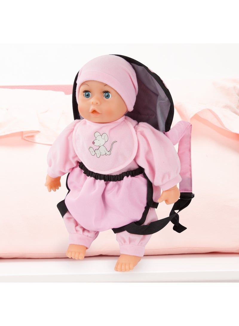 Bayer Design 93300AF My First Baby 13 inch Baby Doll, Set with Toddler, Dolls Carrier and Bottle, Interactive with Sounds, pink with mouse design - Image 3