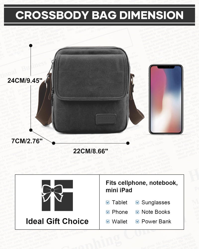 WISEPACK Small Crossbody Bag for Men,Vintage Canvas Messenger Shoulder Bags Crossbody Satchel Bag Men's Side Bags Women Over the Shoulder Purse for Phone Passport Bolsos Para Hombre Black Grey - Image 3