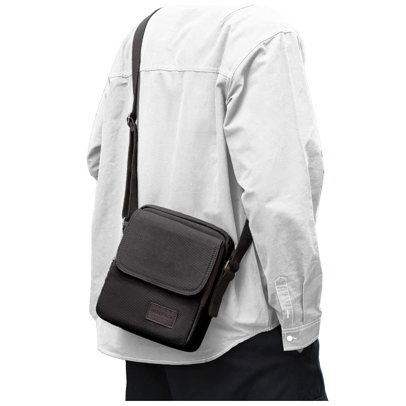 WISEPACK Small Crossbody Bag for Men,Vintage Canvas Messenger Shoulder Bags Crossbody Satchel Bag Men's Side Bags Women Over the Shoulder Purse for Phone Passport Bolsos Para Hombre Black Grey - Image 1