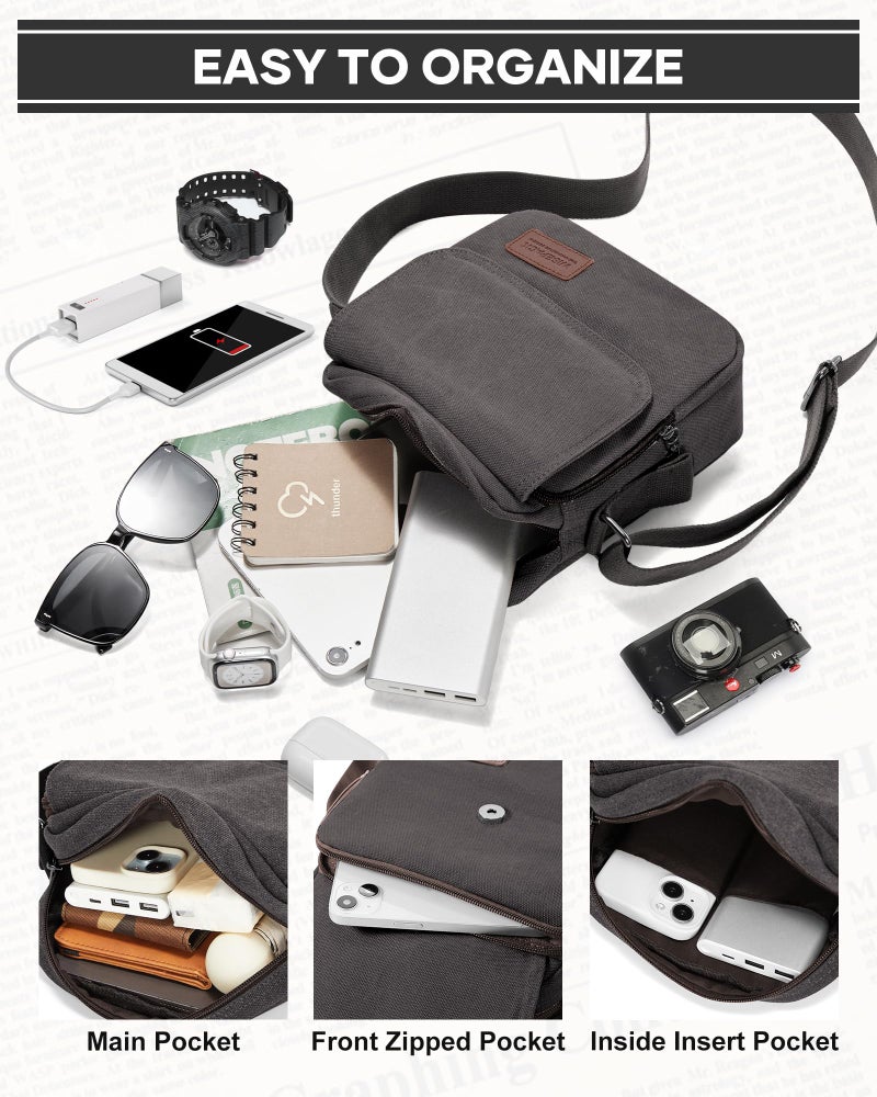WISEPACK Small Crossbody Bag for Men,Vintage Canvas Messenger Shoulder Bags Crossbody Satchel Bag Men's Side Bags Women Over the Shoulder Purse for Phone Passport Bolsos Para Hombre Black Grey - Image 5