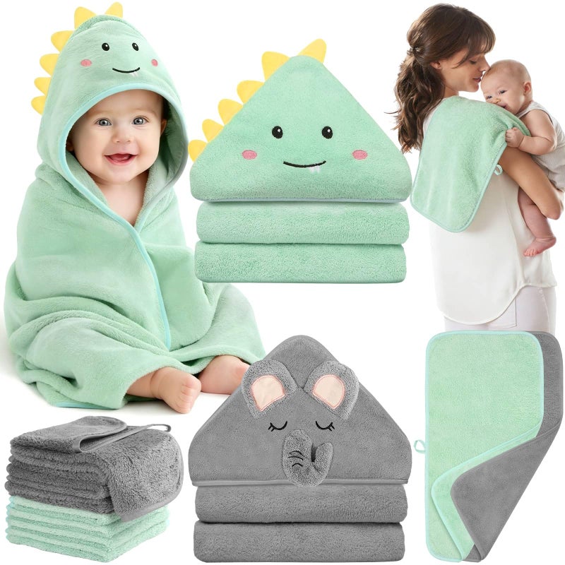 Flasoo 12 Pcs Baby Towel Set Soft Baby Bath Towels and Washcloths Set 2 Pcs Hooded Baby Towel 2 Pcs Baby Burp Cloths and 8 Pcs Baby Washcloths for Infants Toddlers and Kids Dinosaurs Elephants - Image 2