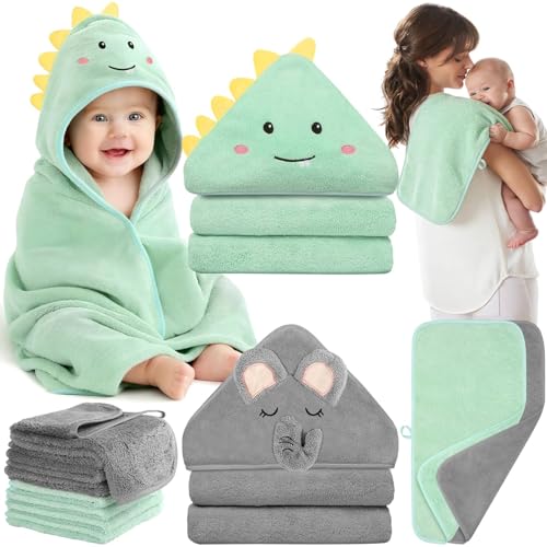 Flasoo 12 Pcs Baby Towel Set Soft Baby Bath Towels and Washcloths Set 2 Pcs Hooded Baby Towel 2 Pcs Baby Burp Cloths and 8 Pcs Baby Washcloths for Infants Toddlers and Kids Dinosaurs Elephants - Image 1