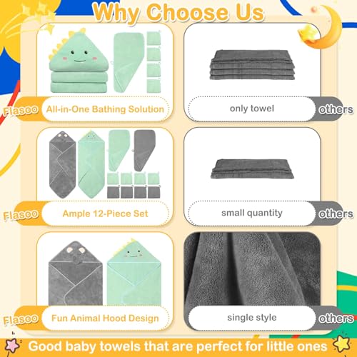 Flasoo 12 Pcs Baby Towel Set Soft Baby Bath Towels and Washcloths Set 2 Pcs Hooded Baby Towel 2 Pcs Baby Burp Cloths and 8 Pcs Baby Washcloths for Infants Toddlers and Kids Dinosaurs Elephants - Image 3