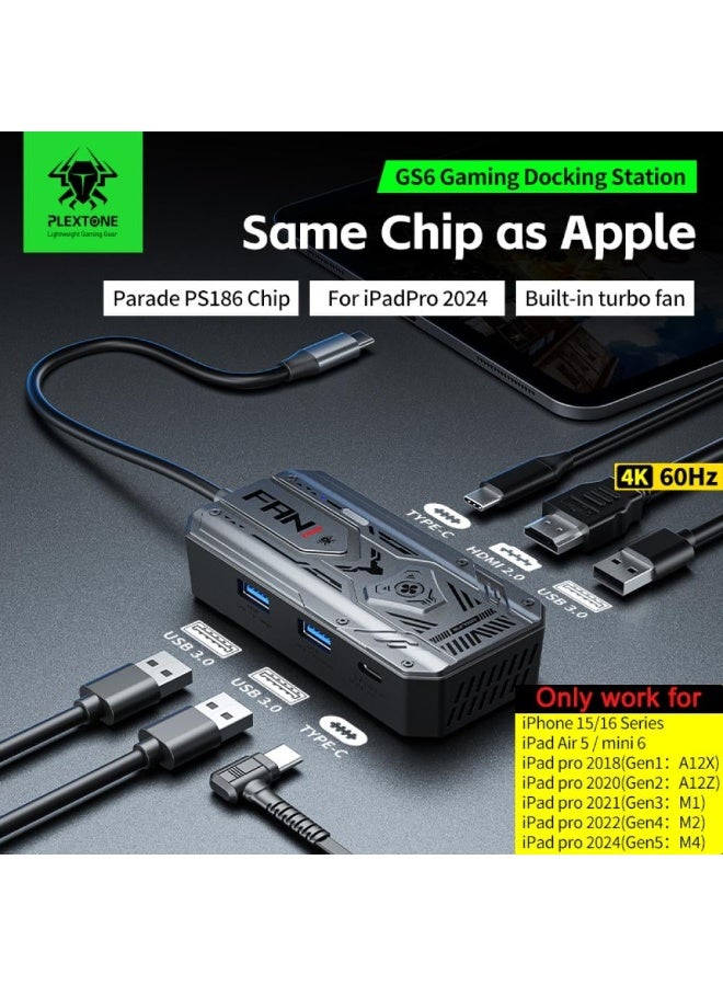 Plextone GS6 Type-C 6-in-1 Hub with 28-Blade Turbo Fan, 4K@60Hz HDMI 2.0 Port, 100W PD Fast Charging, High-Speed ​​Data Transfer via 3 USB 3.0 Ports at Up to 5Gbps, Seamlessly Supports 3.5mm/Type-C/USB Headphones - Image 2