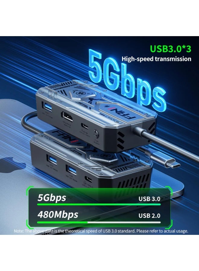Plextone GS6 Type-C 6-in-1 Hub with 28-Blade Turbo Fan, 4K@60Hz HDMI 2.0 Port, 100W PD Fast Charging, High-Speed ​​Data Transfer via 3 USB 3.0 Ports at Up to 5Gbps, Seamlessly Supports 3.5mm/Type-C/USB Headphones - Image 4