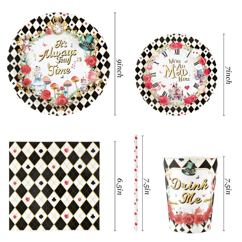Recheel Alice Tea Party Decorations - Baby Shower Paper Plates, Napkins, Cups & Straws for 24 Guests, 120 Pcs Disposable Party Dessert Dinnerware - Image 2