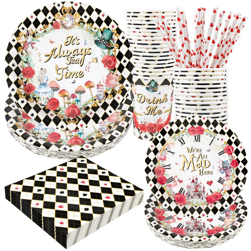 Recheel Alice Tea Party Decorations - Baby Shower Paper Plates, Napkins, Cups & Straws for 24 Guests, 120 Pcs Disposable Party Dessert Dinnerware - Image 1