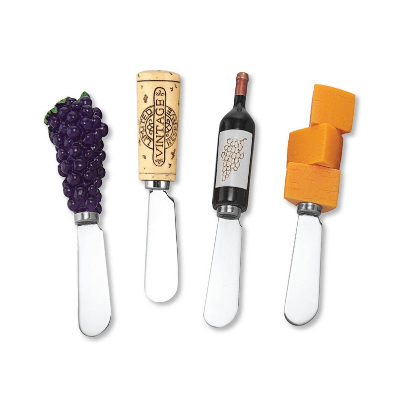 Wine Things Wine Things Red Wine Tasting Cheese Spreaders HandPainted Resin Handles with Stainless Steel Blades for Spreading Cream Cheese Butter and Jam Assorted Designs Set of 4 
