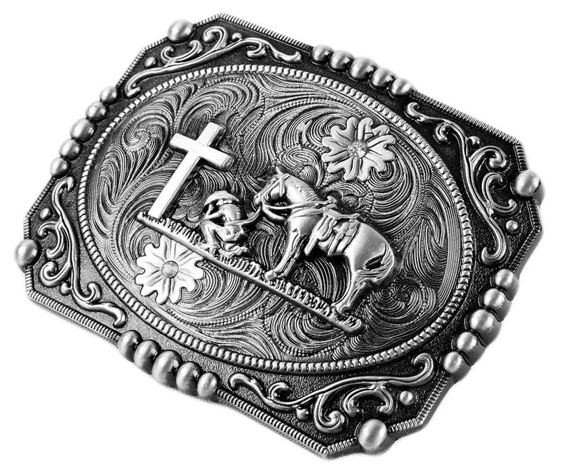 Moranse Religion Cross Cowboy And Horse Design Belt Buckles (Square Silver) - Image 2