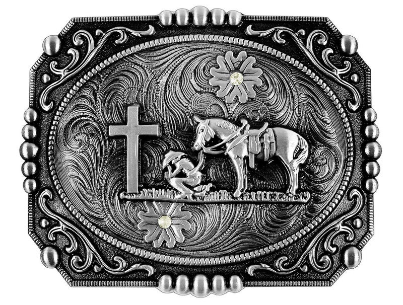 Moranse Religion Cross Cowboy And Horse Design Belt Buckles (Square Silver) - Image 1