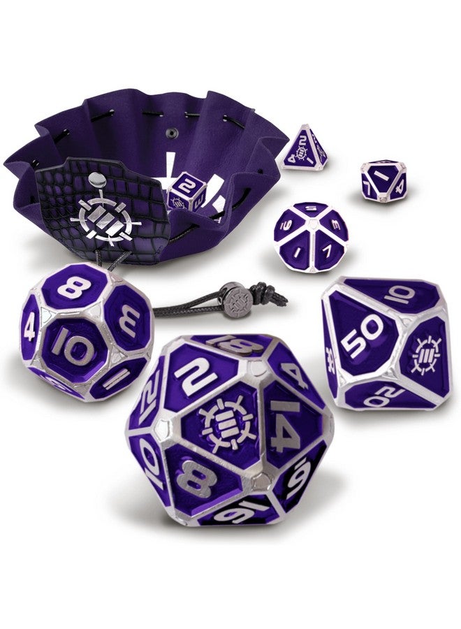 ENHANCE مجموعة نرد معدني ENHANCE DND - 7 قطع نرد متعددة الأوجه مع حقيبة جلد نباتي 2 في 1 وصينية، مجموعة معدنية صلبة للزنزانات والتنانين، بايثفايندر، المزيد من ألعاب RPG (إصدار جامع بنفسجي) - Image 1