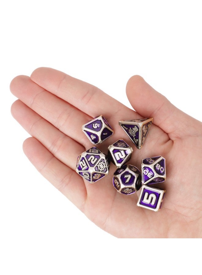 ENHANCE مجموعة نرد معدني ENHANCE DND - 7 قطع نرد متعددة الأوجه مع حقيبة جلد نباتي 2 في 1 وصينية، مجموعة معدنية صلبة للزنزانات والتنانين، بايثفايندر، المزيد من ألعاب RPG (إصدار جامع بنفسجي) - Image 4