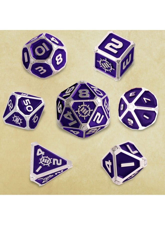 ENHANCE مجموعة نرد معدني ENHANCE DND - 7 قطع نرد متعددة الأوجه مع حقيبة جلد نباتي 2 في 1 وصينية، مجموعة معدنية صلبة للزنزانات والتنانين، بايثفايندر، المزيد من ألعاب RPG (إصدار جامع بنفسجي) - Image 5
