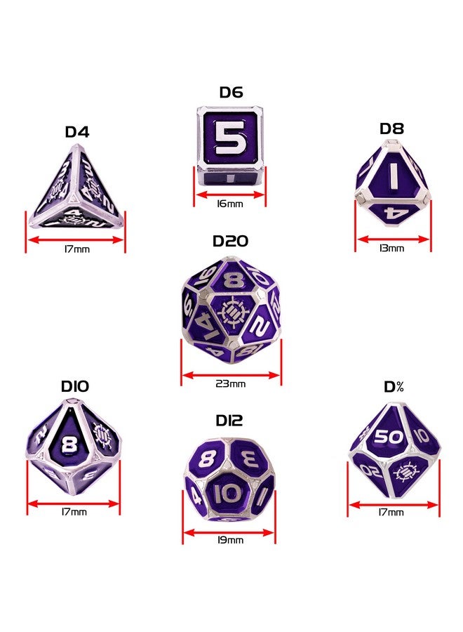 ENHANCE مجموعة نرد معدني ENHANCE DND - 7 قطع نرد متعددة الأوجه مع حقيبة جلد نباتي 2 في 1 وصينية، مجموعة معدنية صلبة للزنزانات والتنانين، بايثفايندر، المزيد من ألعاب RPG (إصدار جامع بنفسجي) - Image 2