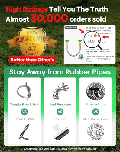 BlueGarden Short Metal Garden Hose 3 ft with Female to Female Connector， Stainless Steel Small Leader Hose for Hose Reel, Long, Flexible, Lightweight & Heavy Duty Water Pipe, Outdoor Water Hose Extension Adapter - Image 2